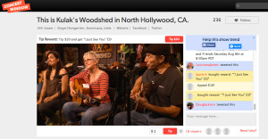 video still from webcast on Concert Window of Tracy Newman and The Reinforcements at Kulak's Woodshed - 8 august 2015 - shows web viewers donations